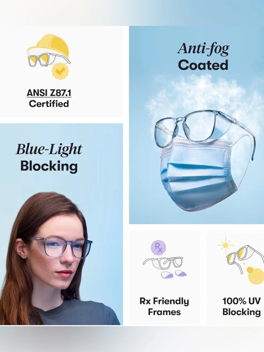 Stoggles Square Z87.1 Safety Glasses Blush Pink Anti Fog Blue Light UV READ